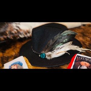 Custom made, felt black hat with feathers and jewel detail